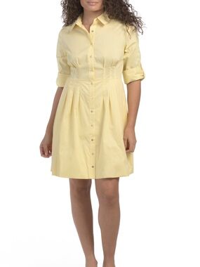 Nanette Lepore Pleated Poplin Shirt Summer Dress Butter Yellow 8- Cotton Blend